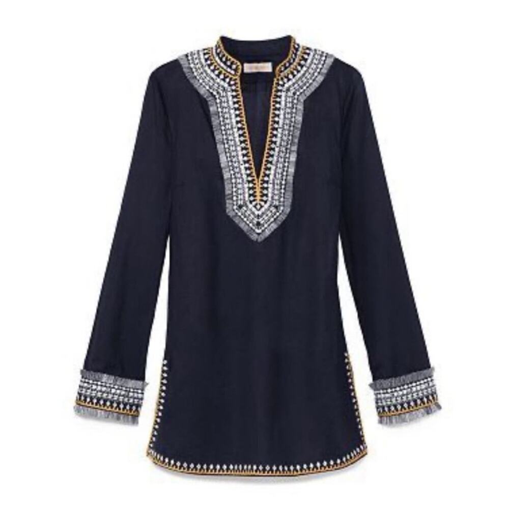 Tory Burch Navy Embroidered Fringe Detail 100% Cotton Tunic Size 8